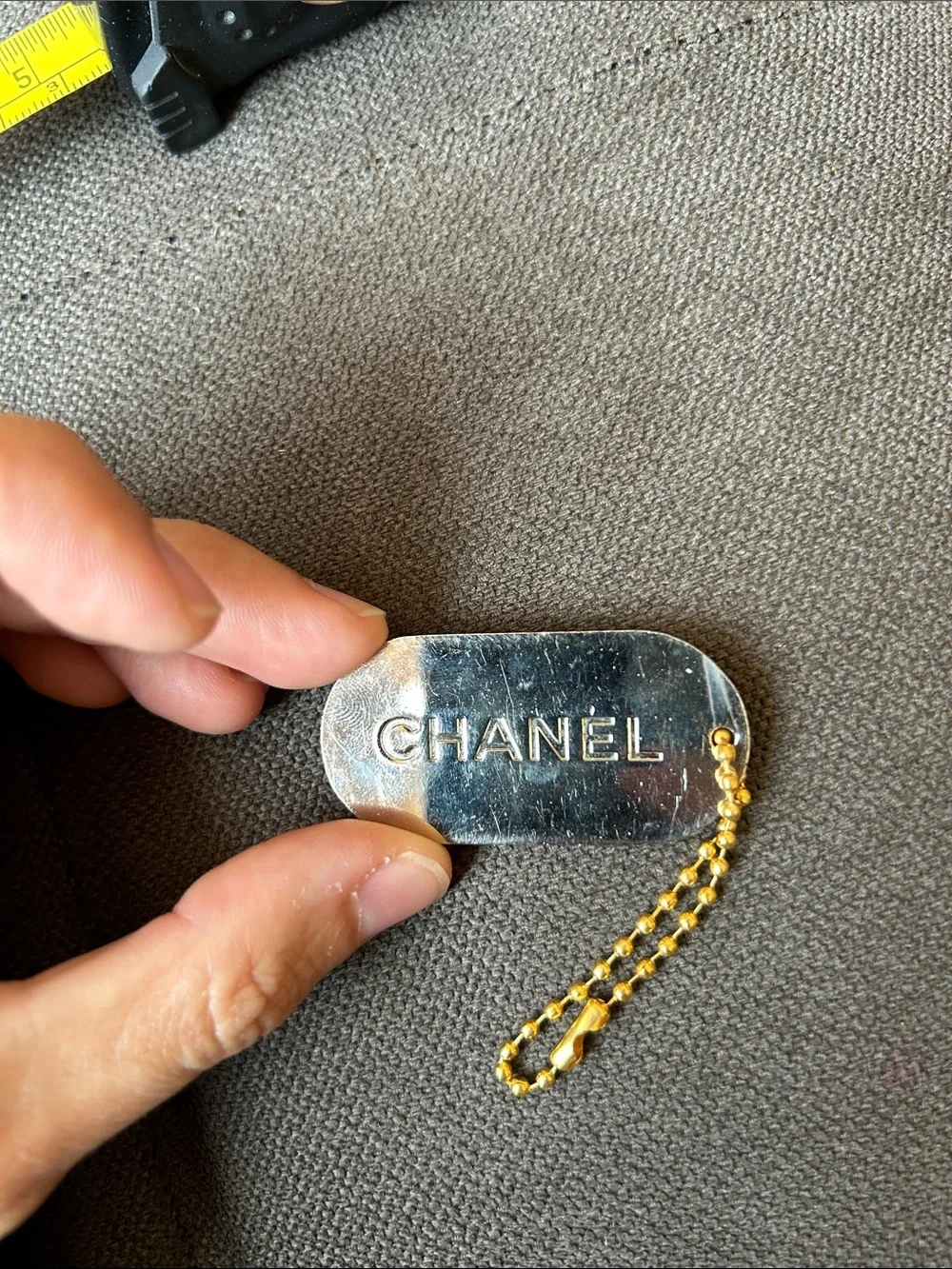 CHANEL Enamel and Gold Leaf Stripe Dog Tag